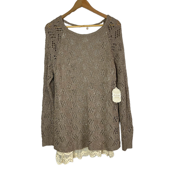 Altar'd State Size S/M Pointelle Knit Tunic Top Lace Trim Long Sleeve Taupe NWT - Picture 2 of 13